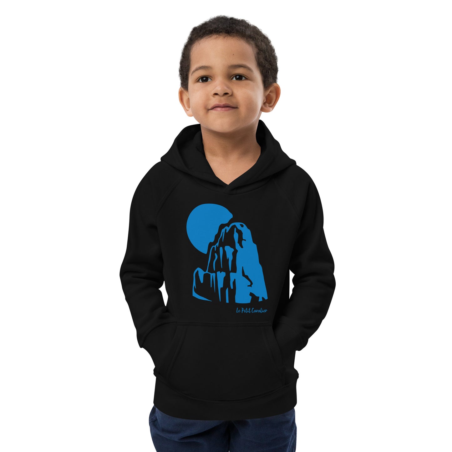 Sweat capuche enfant écologique - MOUNTAIN Logo avant Bleu