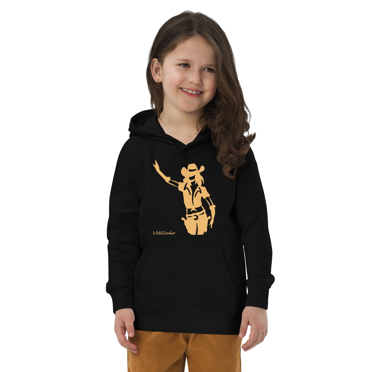 Sweat capuche enfant écologique - COWGIRL Logo avant Orange