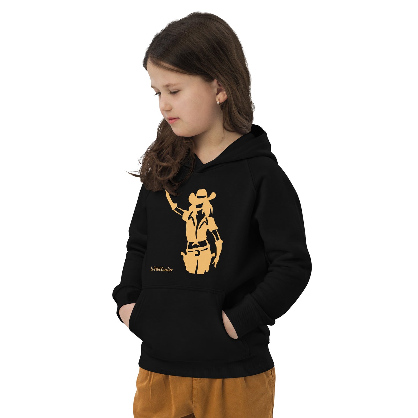 Sweat capuche enfant écologique - COWGIRL Logo avant Orange