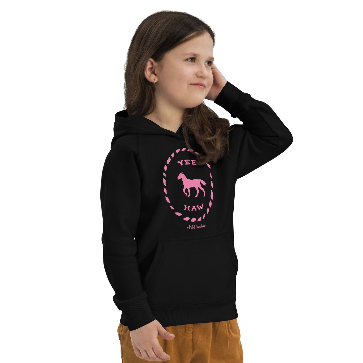 Sweat capuche enfant écologique - YEEHAW Logo avant Rose
