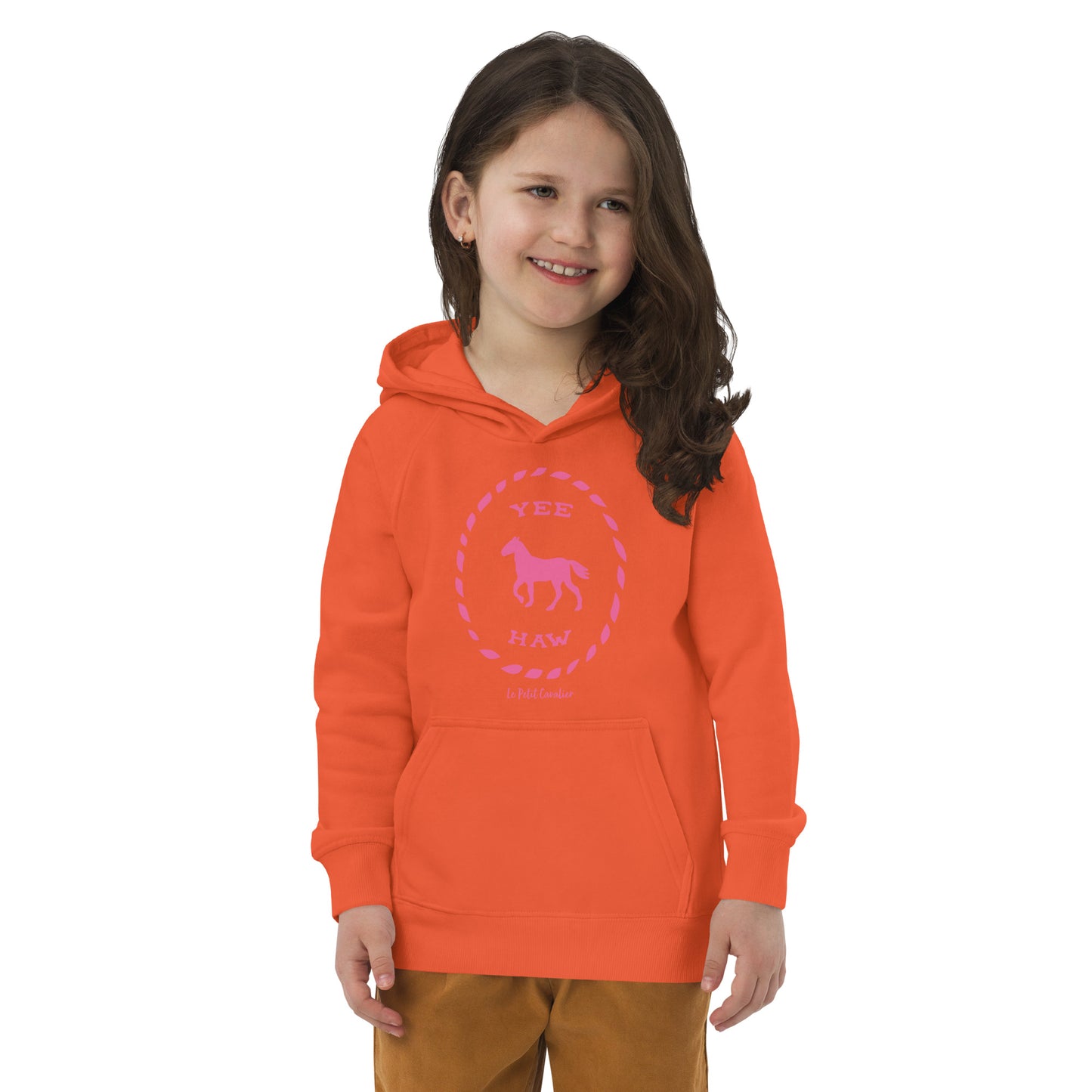 Sweat capuche enfant écologique - YEEHAW Logo avant Rose
