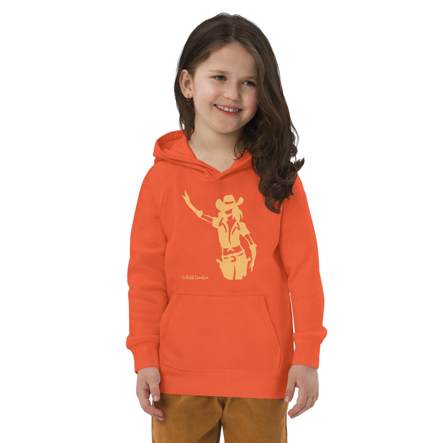 Sweat capuche enfant écologique - COWGIRL Logo avant Orange