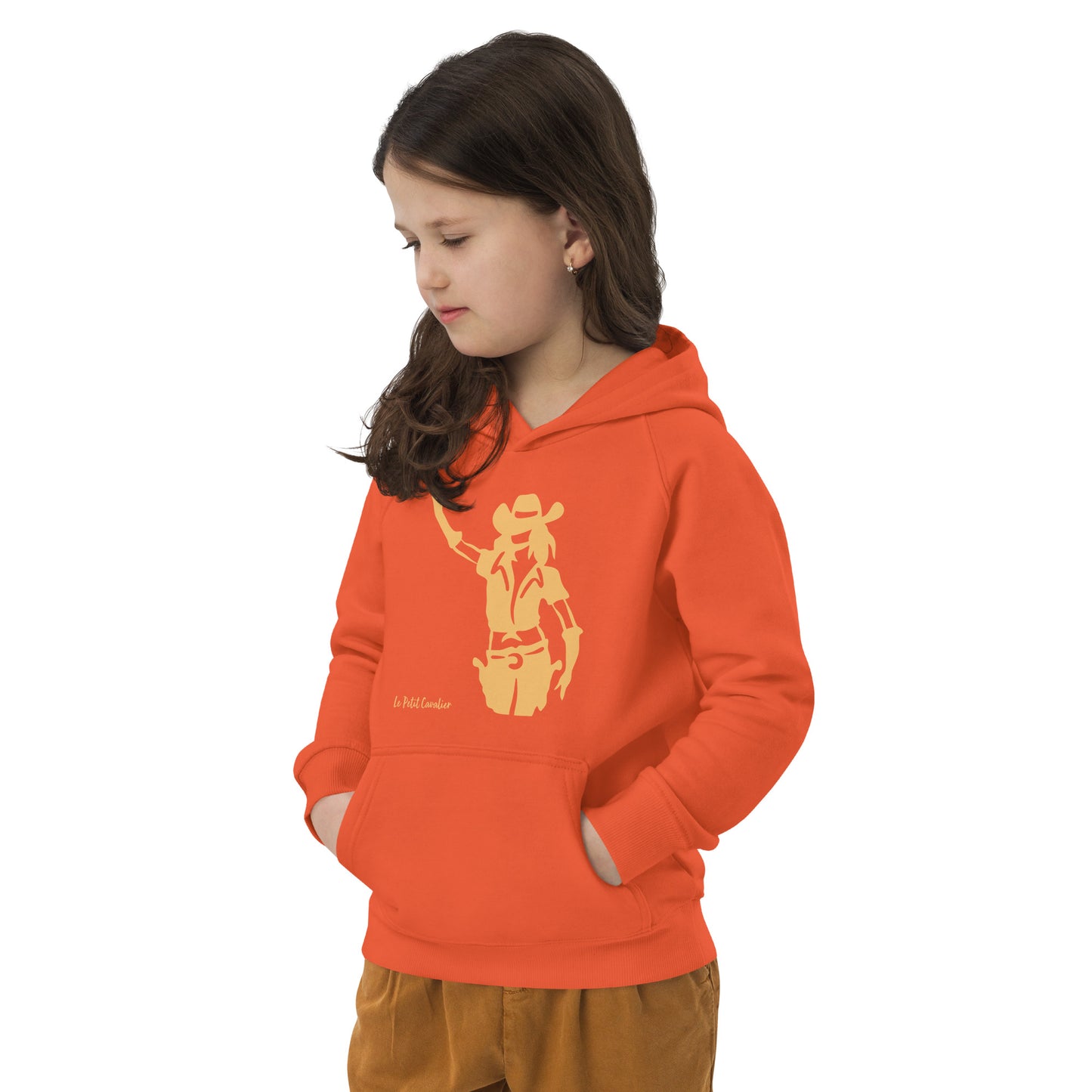 Sweat capuche enfant écologique - COWGIRL Logo avant Orange