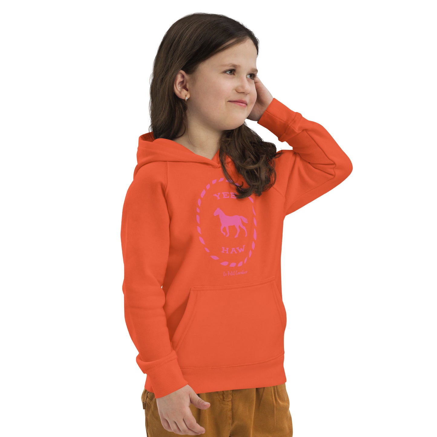 Sweat capuche enfant écologique - YEEHAW Logo avant Rose