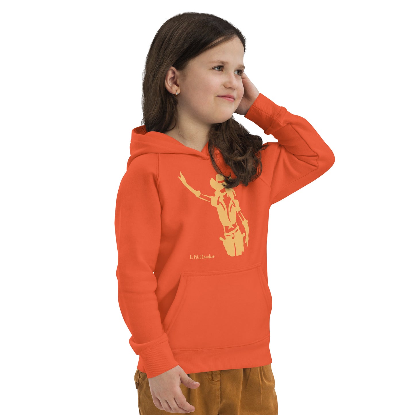 Sweat capuche enfant écologique - COWGIRL Logo avant Orange