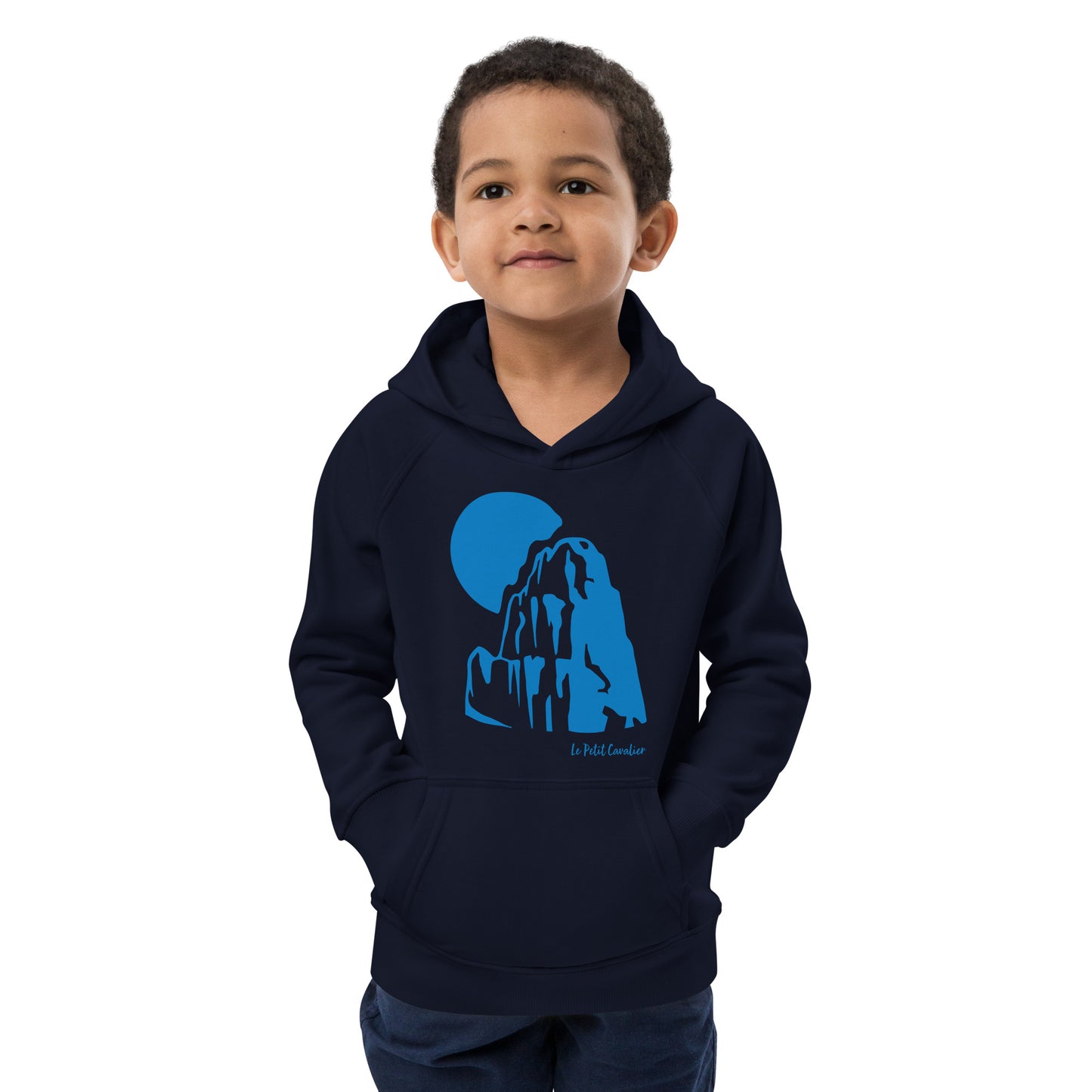 Sweat capuche enfant écologique - MOUNTAIN Logo avant Bleu