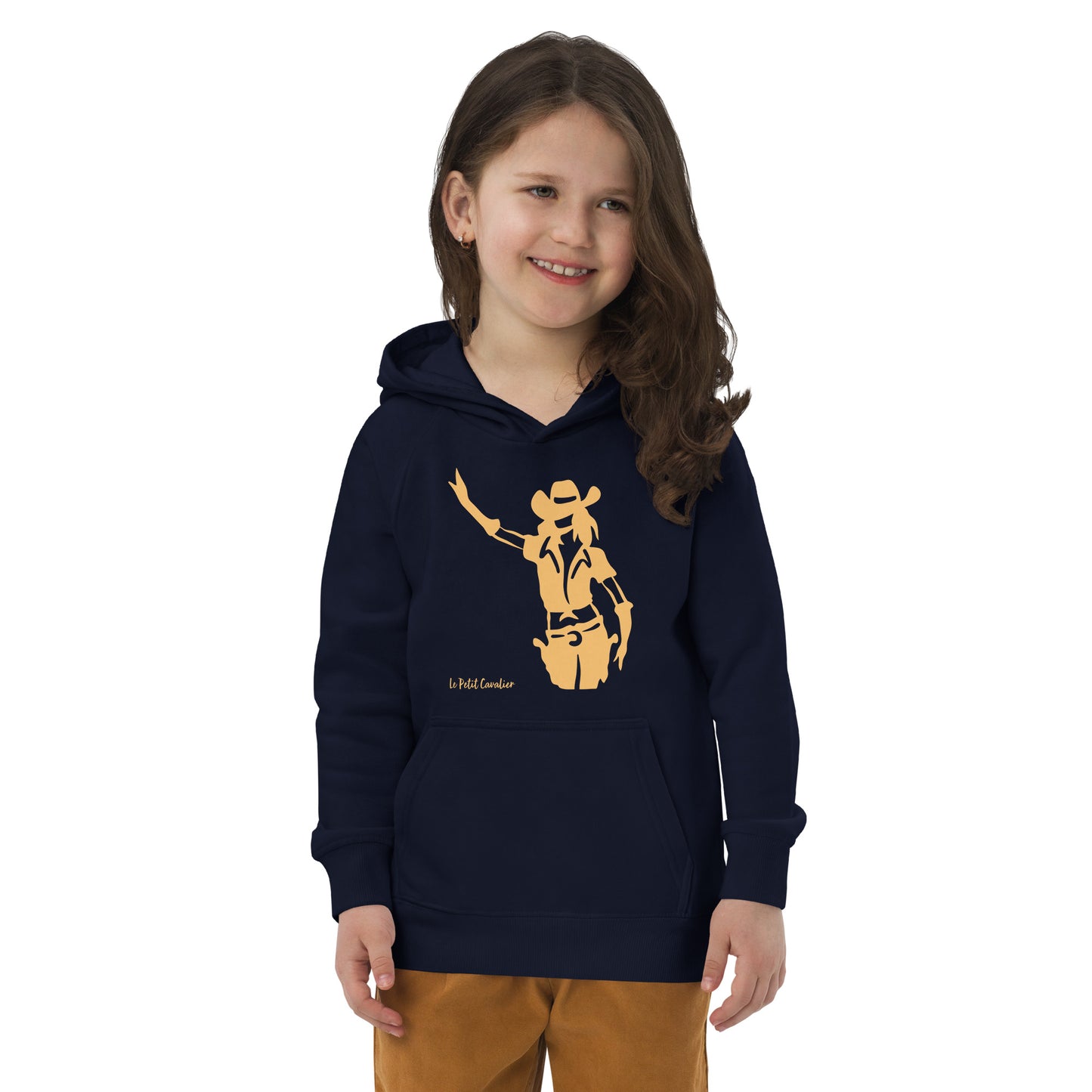 Sweat capuche enfant écologique - COWGIRL Logo avant Orange