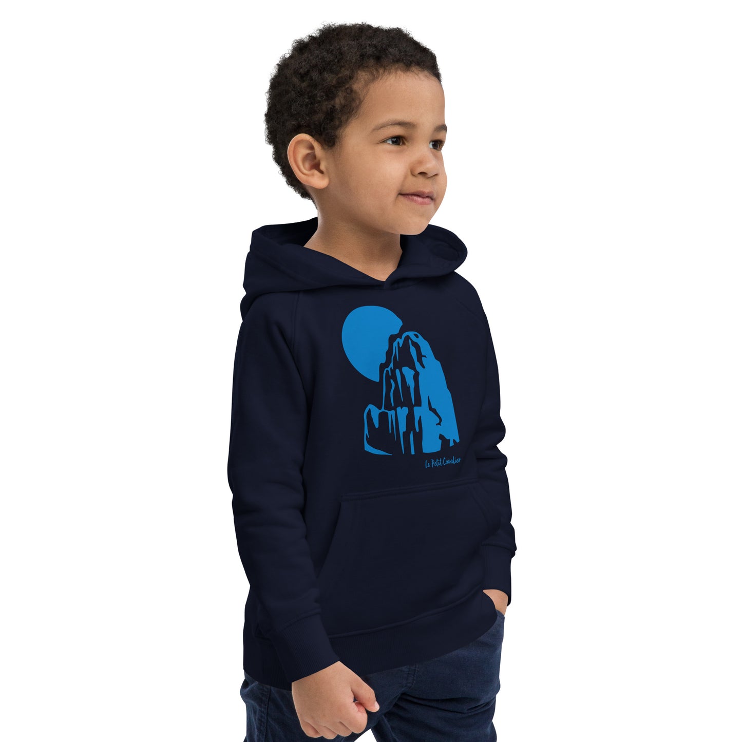 Sweat capuche enfant écologique - MOUNTAIN Logo avant Bleu