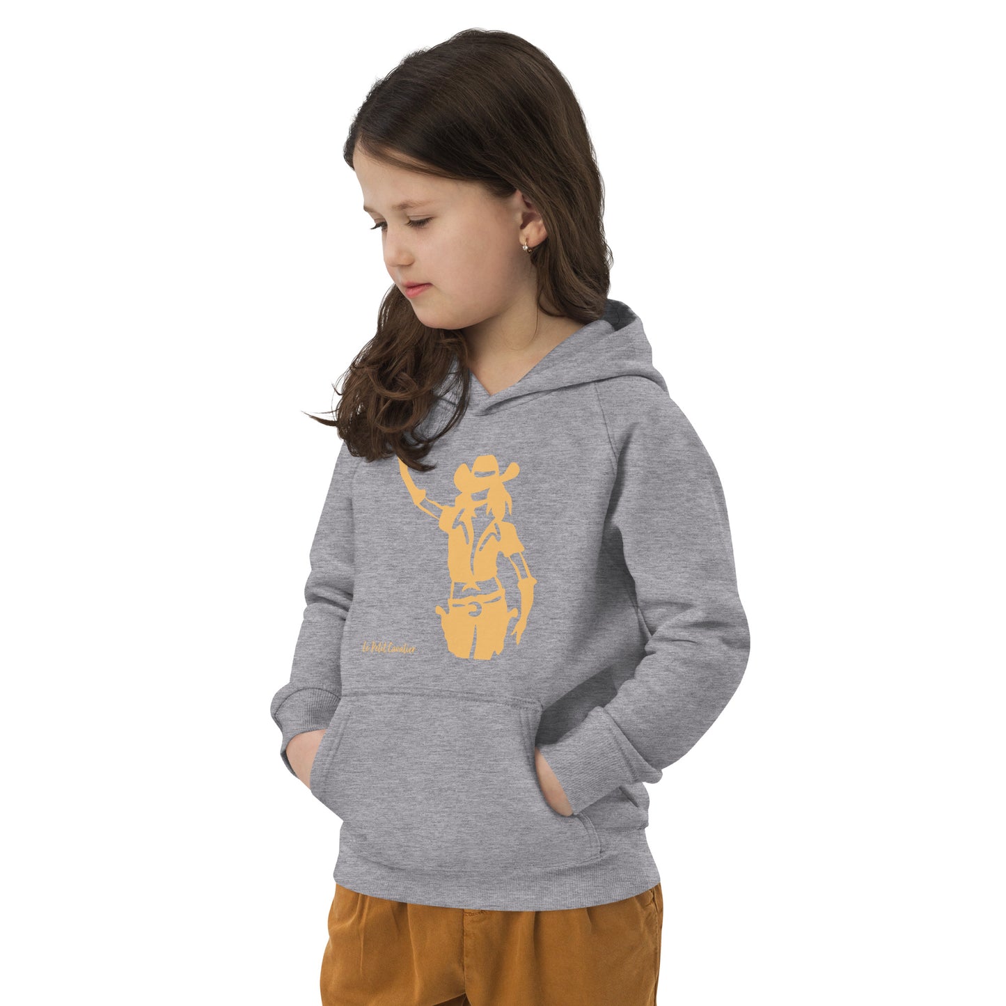 Sweat capuche enfant écologique - COWGIRL Logo avant Orange