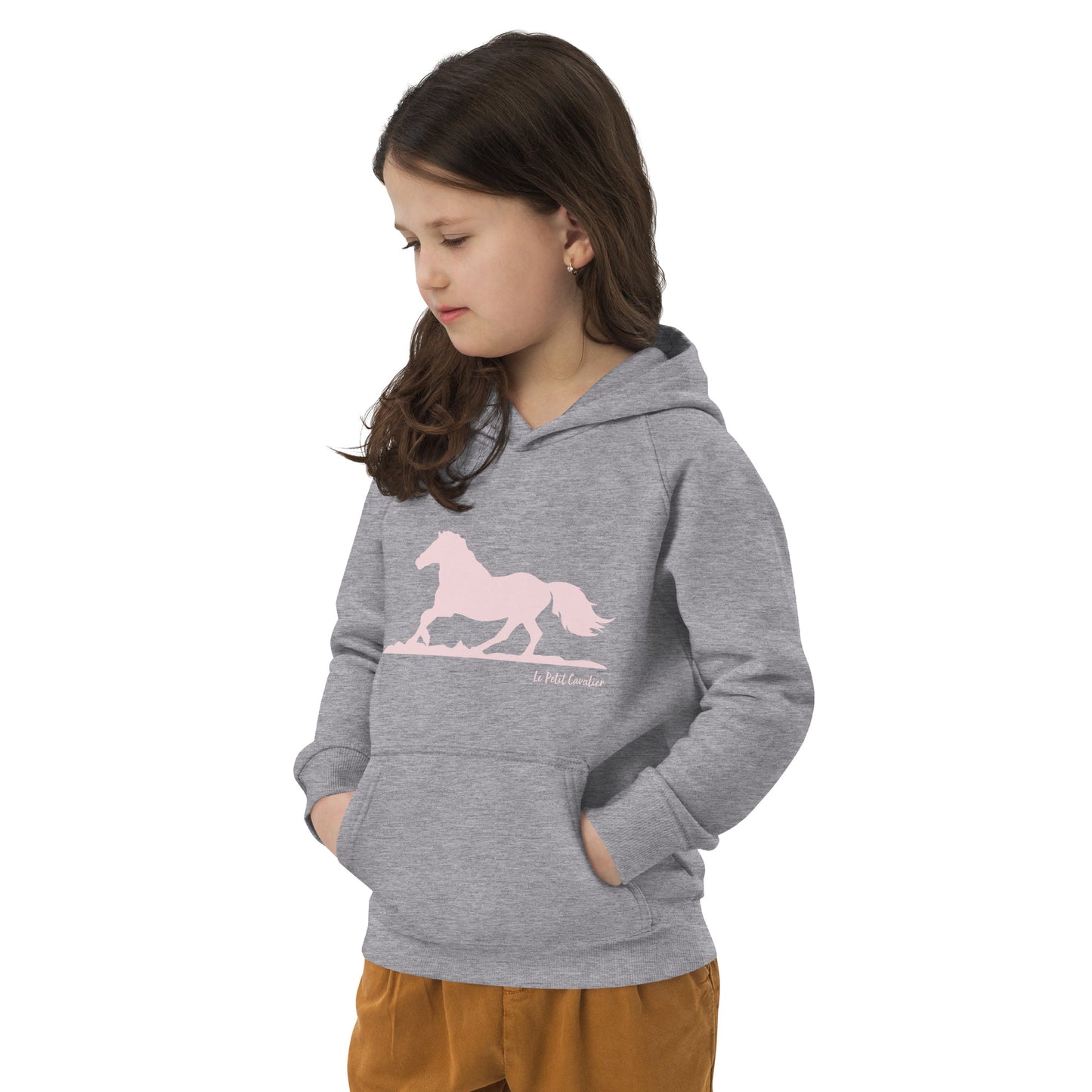Sweat capuche enfant écologique - HORSE Logo avant Rose