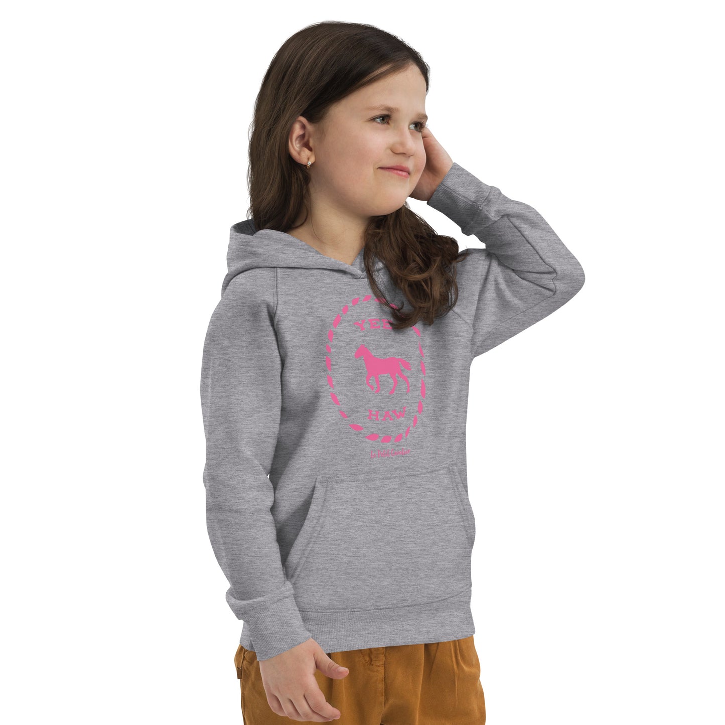 Sweat capuche enfant écologique - YEEHAW Logo avant Rose