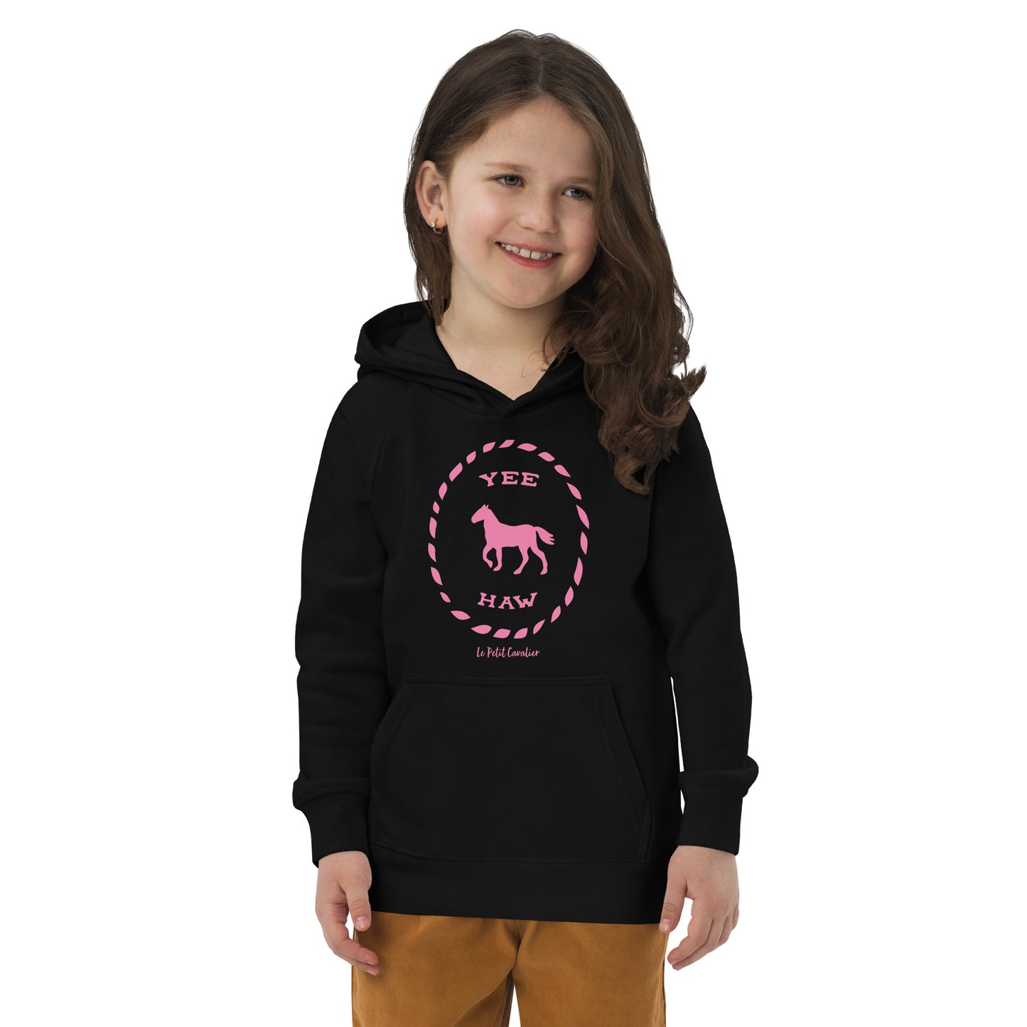 Sweat capuche enfant écologique - YEEHAW Logo avant Rose