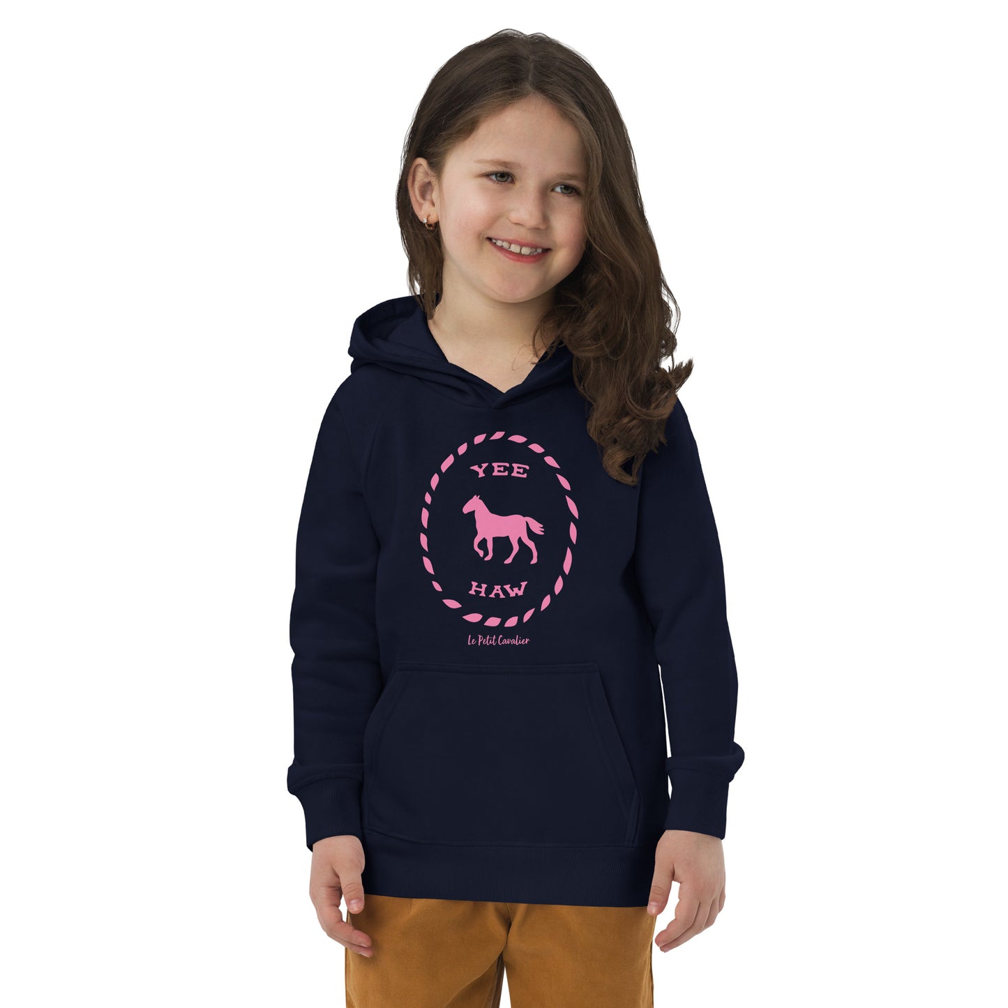 Sweat capuche enfant écologique - YEEHAW Logo avant Rose